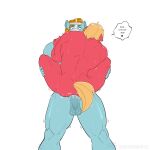 anal anal_penetration anthro balls big_macintosh_(mlp) blonde_hair blue_eyes bodily_fluids dialogue duo earth_pony english_text equid equine freckled_shoulders freckles friendship_is_magic genitals hair hasbro hi_res holding_partner horse male male/male mammal muscular muscular_male my_little_pony penetration penis pony rockhoof_(mlp) sex shallowwin simple_background sound_effects stand_and_carry_position standing standing_sex sweat sweatdrop text white_background