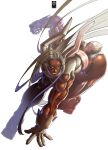  1girl 737_kin absurdres animal_ears bare_shoulders boku_no_hero_academia dark-skinned_female dark_skin dynamic_pose floating_hair fur_collar gloves grin highleg highleg_leotard highres jumping leotard logo long_eyelashes long_hair looking_at_viewer midair mirko muscular muscular_female parted_bangs purple_thighhighs rabbit_ears rabbit_girl rabbit_tail red_eyes signature simple_background sleeveless_turtleneck_leotard smile solo tail tail_through_clothes taut_leotard thick_thighs thighhighs thighs very_long_hair white_gloves white_hair white_leotard 