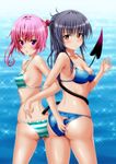  adjusting_clothes adjusting_swimsuit ass bikini black_hair blue_bikini blush breasts cleavage covered_nipples demon_tail highres kaze_makase kotegawa_yui locked_arms long_hair looking_at_viewer medium_breasts multiple_girls nana_asta_deviluke open_mouth pink_hair purple_eyes shiny shiny_skin skindentation small_breasts striped striped_bikini striped_swimsuit swimsuit tail to_love-ru to_love-ru_darkness twintails 