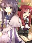  2girls armband book book_hug bookshelf bow braid dress fang hair_bow hat hat_removed head_wings headwear_removed highres holding holding_book holding_hat koakuma lionmaru long_hair long_sleeves looking_at_viewer multiple_girls necktie open_book open_mouth patchouli_knowledge purple_eyes purple_hair red_eyes red_hair shawl sidelocks skirt touhou twin_braids vest 