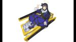  1girl absurdres black_boots black_bow black_bowtie black_hair blue_eyes boots bow bowtie breasts coffin dress flower frills hair_bow halo highres large_breasts long_hair long_sleeves non-web_source official_art open_mouth pillarboxed purple_bow purple_dress ryouki_(senran_kagura) senran_kagura senran_kagura_burst_re:newal sidelocks sitting smile solo waving weapon white_background white_flower yaegashi_nan 