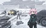  2girls 51qu_de_yeying alaska american_flag assault_rifle barricade battle battlefield black_eyes black_pants brown_hair browning_m2 car caterpillar_tracks checkpoint coat crater energy_gun foehn_revolt foehn_revolt_symbol gloves green_coat grey_pants grey_sky gun headphones heavy_machine_gun highres humvee jacket laser_rifle m16 machine_gun military military_uniform military_vehicle motor_vehicle multi-tied_hair multiple_boys multiple_girls paladin_tank_hunter pants paradox_engine pink_hair rifle riot_shield security_checkpoint shield sky snowing soldier tank tanya_adams war weapon wheel white_jacket winter wreckage yunru_(mental_omega) 
