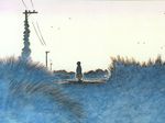  ashinano_hitoshi bird blue from_behind grass ground_vehicle hatsuseno_alpha motor_vehicle overgrown power_lines road scooter silhouette sky solo twilight wallpaper yokohama_kaidashi_kikou 