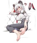  1girl ? absurdres armband barefoot black_armband black_nails breasts check_translation chinese_commentary collared_shirt couch curled_horns feet fingernails foot_focus full_body grey_hair grey_shirt hair_between_eyes hand_on_own_foot hand_on_own_horn high-waist_pants high_heels highres horns large_breasts long_sleeves looking_at_viewer medium_hair necktie nose open_mouth pants partially_translated pinkuuo red_eyes red_lips red_necktie shirt sitting soles solo speech_bubble teeth toes translation_request upper_teeth_only white_background wuthering_waves zani_(wuthering_waves) 