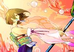 1girl brown_eyes brown_hair detached_sleeves final_fantasy final_fantasy_x from_side hair_ornament holding holding_staff mochi_(hanamaruudondesu) obi orange_background outstretched_arms profile sash short_hair solo staff upper_body yuna_(ff10) 