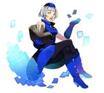  bad_id bad_pixiv_id bare_shoulders boots card crossed_legs dress elizabeth_(persona) gloves hat jerun pantyhose persona persona_3 short_hair sitting sleeveless sleeveless_dress smile solo white_hair yellow_eyes 