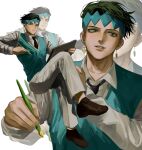  1boy aqua_headband aqua_sweater_vest black_necktie collared_shirt diamond_wa_kudakenai green_eyes green_hair headband highres holding holding_pen holding_sketchbook jeoishere jojo_no_kimyou_na_bouken kishibe_rohan loafers long_sleeves male_focus necktie nib_pen_(object) pen shirt shoes short_hair sketchbook sweater_vest undercut 