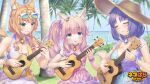  3girls :o animal_ear_fluff animal_ears arm_strap beach bell bracelet breasts cat_ears cat_girl cat_tail cinnamon_(nekopara) cleavage closed_eyes copyright_name day dress eyewear_on_head fraise_(nekopara) grass green_eyes hat instrument jewelry large_breasts looking_at_object looking_at_viewer maple_(nekopara) medium_breasts multicolored_dress multiple_girls music nail_polish neck_bell nekopara ocean official_art orange_hair orange_tail palm_tree pink_hair pink_tail playing_instrument ponytail purple_hair sayori_(neko_works) short_hair small_breasts smile sundress sunglasses tail tree ukulele 