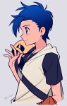  1boy arm_up baseball_cap black_shirt blue_eyes blue_hair chueog closed_mouth ethan_(pokemon) from_side grey_background hat highres holding holding_strap holding_unworn_clothes holding_unworn_hat hood hood_down hoodie looking_ahead male_focus pokemon pokemon_hgss profile shirt short_hair short_sleeves simple_background sleeveless sleeveless_hoodie smile solo t-shirt twitter_username unworn_hat unworn_headwear white_hoodie 