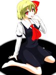  :p arm_garter ascot barefoot blonde_hair blush bow breasts collarbone darkness dress_shirt eyelashes finger_to_mouth full_body hair_bow highres long_sleeves looking_at_viewer medium_breasts older red_eyes rumia s-ghost shirt short_hair simple_background sitting skirt skirt_set solo tongue tongue_out touhou vest wariza white_background white_shirt 