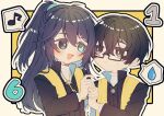  2boys 44se2dan black_eyes black_hair black_suit blue_eyes blue_hair blush border chibi dieci_association_south_uniform double-parted_bangs emoticon glasses hair_between_eyes hair_tie heterochromia high_ponytail holding_hands hong_lu_(project_moon) jewelry key key_necklace limbus_company long_hair looking_at_another multiple_boys necklace open_mouth ponytail project_moon scarf short_hair speech_bubble suit sweatdrop white_border yellow_scarf yi_sang_(project_moon) 