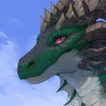 1:1 ambiguous_gender blue_sky cheek_spikes cloud corzh77 dragon facial_spikes glistening glistening_eyes green_body green_scales grey_horn hi_res horn long_neck looking_at_viewer mouth_closed mythological_creature mythological_scalie mythology pink_eyes ridged_horn scales scalie side_view sky solo spikes spikes_(anatomy) white_body white_scales