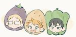  3boys :d bell_pepper black_hair blonde_hair blue_eyes bright_pupils chibi chibi_only chinese_commentary closed_mouth commentary_request double-parted_bangs eggplant eggplant_costume expressionless food_costume glasses green_pepper haikyuu!! halftone hinata_shouyou jitome kageyama_tobio linbeiyx looking_ahead male_focus multiple_boys opaque_glasses open_mouth orange_hair partial_commentary potato rectangular_eyewear short_bangs short_hair simple_background smile tsukishima_kei very_short_hair white_background white_pupils 