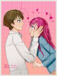  1boy 1girl blazer blue_eyes blush brown_hair brown_skirt couple gradient_background hands_on_another&#039;s_arms hands_on_another&#039;s_face heart hetero highres jacket kibou_no_chikara_~otona_precure_&#039;23~ kokoda_kouji long_hair looking_at_another pink_eyes pink_hair precure renz_amami school_uniform skirt smile sparkle twitter_username two_side_up white_jacket yumehara_nozomi 