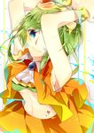  armpits arms_up bad_id bad_pixiv_id blue_eyes brooch goggles goggles_on_head green_hair gumi highres jewelry megpoid_(vocaloid3) midriff navel omutatsu short_hair smile vocaloid wrist_cuffs 