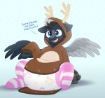 big_diaper bionic_wing bionics black_hair blue_eyes clothing cybernetic_wing cybernetics dialogue diaper diaper_under_clothing diaper_under_onesie english_text equid equine eye_scar facial_scar fan_character feral footwear grey_body hair hi_res hood_up hooves legwear machine male mammal mechanical_wing multicolored_hair mythological_creature mythological_equine mythology onesie pattern_clothing pattern_diaper pattern_footwear pattern_legwear pattern_socks pegasus pink_clothing pink_diaper pink_footwear pink_socks platinum_shadow_(pt78shdw) reindeer_antlers reindeer_costume scar shuphle socks solo striped_clothing striped_footwear striped_socks stripes text two_tone_hair white_clothing white_diaper white_footwear white_hair white_socks wings