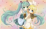  blonde_hair blue_eyes colorized green_eyes green_hair hatsune_miku highres holding_hands inaresi kagamine_rin long_hair looking_at_viewer multiple_girls musical_note open_mouth short_hair skirt smile thighhighs very_long_hair vocaloid yumi_sakurai 