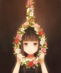  bangs black_dress black_hair blunt_bangs brown_eyes brown_hair daisy darkness dress flower kirobaito long_hair looking_at_viewer noose original pink_flower pink_rose red_flower red_rose rose smile solo straight_hair suicide 