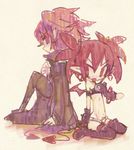  1girl brother_and_sister choker demon_tail demon_wings disgaea disgaea_d2 earrings etna jewelry kazamine_(stecca) long_sleeves open_mouth pointy_ears red_eyes red_hair scarf short_hair siblings sitting skull tail twintails wings xenolith 