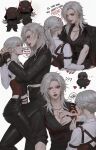  2girls absurdres anger_vein black_gloves black_jacket black_pants black_shirt breasts cleavage collared_shirt commentary cuffs english_commentary english_text fingerless_gloves gem_(symbol) genderswap genderswap_(mtf) gloves grey_eyes half_updo handcuffs highres horns jacket large_breasts leg_between_thighs long_hair looking_at_another love_and_deepspace midriff multiple_girls navel pants parted_lips ponytail protagonist_(love_and_deepspace) red_eyes red_lips red_nails shirt sleeves_rolled_up sylus_(love_and_deepspace) white_background white_hair white_shirt yuki_lu yuri 