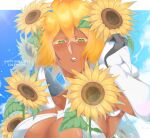  1girl av0xu bleach blonde_hair blue_sky blush border breasts cleavage cloud commentary dark-skinned_female dark_skin dated facial_tattoo flower green_eyes grin hair_between_eyes half-closed_eyes happy_birthday highres large_breasts lightning_bolt_print looking_at_viewer short_hair sky smile solo sunflower tattoo teeth tier_harribel white_border 
