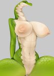 anthro areola biped breasts eyes_closed female genitals green_body green_scales grey_background long_neck looking_at_viewer multicolored_body multicolored_scales navel nipples non-mammal_breasts nude onm11 pussy scales scalie simple_background slim solo white_body white_scales