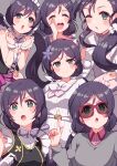  1girl a_song_for_you!_you?_you!! absurdres birthday blush bow bowtie breasts cleavage closed_eyes collared_shirt commentary cream_(nipakupa) dress earrings flower green_eyes grey_background grey_sweater hair_flower hair_ornament hatena_heartbeat highres jewelry large_breasts long_hair love_live! love_live!_school_idol_project love_live!_the_school_idol_movie low_ponytail low_twintails maid mogyutto_&quot;love&quot;_de_sekkin_chuu! multiple_views no_brand_girls official_alternate_costume official_alternate_hairstyle one_eye_closed pink-framed_eyewear pink_bow pink_bowtie pink_shirt ponytail purple_hair shirt snow_halation sunglasses sweater tojo_nozomi twintails upper_body white_dress 