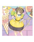  1girl artbook asymmetrical_hair belt bob_cut bow brown_hair buttons dress food gloves grey_hair hat highres ice_cream looking_at_viewer love_live! love_live!_nijigasaki_high_school_idol_club nakasu_kasumi non-web_source official_art oversized_food oversized_object pink_eyes polka_dot polka_dot_headwear poppin&#039;_up!_(love_live!) puffy_short_sleeves puffy_sleeves ribbon short_hair short_sleeves smile solo white_gloves yellow_dress 