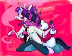 anthro belt blood blood_on_face bodily_fluids bottomwear cigarette clothed clothing collared_shirt colored dress_shirt duo equid equine eye_contact eyewear female female/female friendship_is_magic fur_coat glasses hair hasbro hi_res holding_wrist horn horse hug hugging_another hugging_from_behind kneeling looking_at_another mammal my_little_pony necktie pants pink_body purple_body purple_hair shirt smoking starlight_glimmer_(mlp) striped_hair tentadicks tie_grab topwear twilight_sparkle_(mlp) wrist_grab