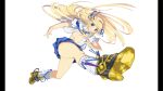  1girl absurdres armored_boots blonde_hair blue_hairband blue_necktie blue_skirt boots breasts green_eyes hairband highres katsuragi_(senran_kagura) kicking large_breasts light_blush long_hair looking_at_viewer necktie non-web_source official_art open_clothes open_mouth open_shirt pillarboxed senran_kagura senran_kagura_burst_re:newal shirt skirt smile socks solo thighs very_long_hair white_background white_shirt white_socks yaegashi_nan 