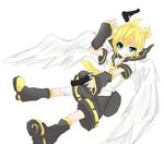  blonde_hair blue_eyes colorized gun inaresi kagamine_len male_focus ryowasu smile solo vocaloid weapon white_wings wings 