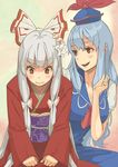  alternate_costume bad_id bad_pixiv_id blue_hair bow breasts commentary_request flower fujiwara_no_mokou grey_hair hair_bow hair_flower hair_ornament hair_ribbon hat japanese_clothes kamishirasawa_keine kimono large_breasts long_hair multiple_girls p_no_hito red_eyes ribbon touhou wavy_mouth 