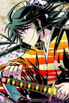  akaumi bird green_hair katana long_hair male_focus mountain mushibugyou petals ponytail ready_to_draw samurai scar smile solo sword tsukishima_jinbei weapon 