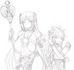  1boy 1girl angel breasts cleavage dress goddess huge_breasts jewelry kid_icarus kloah lots_of_jewelry monochrome nintendo no_bra no_panties palutena pit pit_(kid_icarus) sketch staff strapless_dress wings 