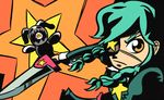  annie_(skullgirls) braid dress eyeball eyecatch eyepatch green_hair jintor parody sagan_(skullgirls) skullgirls star stuffed_animal stuffed_bunny stuffed_toy style_parody sword tengen_toppa_gurren_lagann twin_braids weapon yellow_eyes 