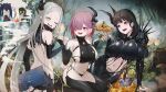  4girls absurdres arm_support ass back bare_shoulders behemoth_(nikke) black_bodysuit black_hair black_liquid black_panties black_pantyhose black_thighhighs blush bodysuit book breasts bubble butt_crack candle chest_strap colored_inner_hair commentary crop_top detached_sleeves elbow_gloves eyes_visible_through_hair fingerless_gloves fish_(food) fish_head food forehead forest four_beasts_(nikke) gimyogi gloves goddess_of_victory:_nikke green_eyes grey_hair grilled_fish hair_between_eyes hair_over_one_eye hand_up hands_up highres holding holding_book holding_food horns index_finger_raised large_breasts leviathan_(nikke) light_particles liquid_clothes little_mermaid_(nikke) long_hair looking_ahead looking_at_another lying multicolored_hair multiple_girls nature navel number_candle one_eye_closed open_mouth outdoors panties pantyhose pie pink_hair pointy_ears pubic_tattoo red_eyes sharp_teeth shirt short_hair sideboob sideless_outfit single_horn sitting sleeveless sleeveless_shirt small_breasts smile sparkle speech_bubble standing stargazy_pie stomach tattoo teeth thighhighs thought_bubble tree tree_stump underwear very_long_hair ziz_(nikke) 