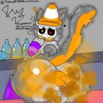 alcohol anthro anus balls beverage big_butt biohazard_symbol blep blush bone butt clothing collar digital_media_(artwork) domestic_cat drunk fart fart_cloud fart_fetish felid feline felis femboy freeway_(freewaythecat) freewaythecat fur genitals grey_body hair hazard_symbol hi_res huge_butt legwear male mammal mask nude orange_body orange_fur puffy_anus raised_tail simple_background skull skull_mask solo substance_intoxication surprise symbol tail text thigh_highs tongue tongue_out traffic_cone