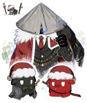  1boy absurdres animal asdf1211950 bamboo-hatted_kim black_gloves cape christmas_lights dog gloves gnome_(project_moon) hat highres katana limbus_company monsterification necktie project_moon red_cape red_necktie rice_hat ryoshu_(project_moon) santa_hat simple_background sitting sword weapon white_background 