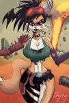  anthro artist_name asymmetrical_clothing asymmetrical_pants bandage bat-eared_fox bat_wings belt big_breasts black_nose boker bottomwear breasts canid canine chest_tuft cigarette cleavage clothed clothing desert dialogue dieselpunk ear_piercing english_text explosion eyeshadow eyewear eyewear_on_head female fox fur goggles goggles_on_head hair head_wings industrial_piercing industrial_piercing_ladder laura_derose lips mad_max makeup mammal membrane_(anatomy) membranous_wings midriff open_mouth orange_body orange_fur outside pants piercing post-apocalyptic purple_hair purple_lips red_eyes remake shirt signature small_waist smile solo speech_bubble tail tank_top text thick_thighs topwear torn_clothing tuft unusual_wing_placement white_body white_fur wide_hips wings 