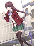  black_legwear blue_eyes book braid brown_hair character_name copyright_name eiyuu_densetsu emma_millstein full_body glasses green_skirt long_hair necktie ntake_toukasaien plaid plaid_skirt school_uniform sen_no_kiseki skirt smile solo staff thighhighs very_long_hair 