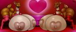 2024 big_breasts black_nose breasts brown_body brown_fur busty_feral clothing dated deer duo female feral fur grin heart_nipples hi_res huge_breasts hyper hyper_breasts legwear lips looking_at_viewer mammal nipples pink_clothing pink_legwear red_clothing red_legwear red_lips romman08 side_view smile thick_lips