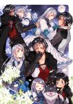  1boy 1girl animal babigonice black_cape black_hair black_jacket blue_eyes blue_vest blush border braid cape clive_rosfield closed_mouth couple dress english_commentary final_fantasy final_fantasy_xvi flower full_moon grey_hair grey_wolf heart highres jacket jill_warrick kiss kissing_hand long_hair lying moon multiple_views night night_sky on_side open_mouth outside_border puffy_sleeves red_vest scar scar_on_cheek scar_on_face shirt short_hair sky smile torgal_(ff16) vest white_border white_dress white_shirt 