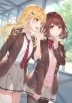  1boy 1girl ano_ko_wa_kawaii_otoko_no_ko ayase_aya_(ano_ko_wa_kawaii_otoko_no_ko) bare_legs black_pantyhose blazer blonde_hair blue_sky bob_cut bow bowtie brown_eyes brown_hair cardigan clenched_hands cloud cover cover_page crossdressing dutch_angle flat_chest hair_ornament hairclip hand_to_own_mouth highres jacket jewelry kiwada_hiroto long_hair looking_at_another mmu necklace necktie novel_cover official_art open_clothes open_jacket open_mouth otoko_no_ko pantyhose pleated_skirt ring school_uniform shelter shirt skirt sky smile tree white_shirt wig yellow_eyes 