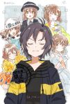  :3 aoaoaoaoiao blue_dress bob_cut border bowler_hat braid brown_eyes brown_hair cheerleader closed_eyes construction_worker cup dress gloves hagiwara_yukiho hair_ornament hair_ribbon hairpin hard_hat hat helmet highres hood hoodie idolmaster idolmaster_(classic) japanese_clothes kikuchi_makoto kimono light_blush multiple_views parted_bangs pom_pom_(cheerleading) ribbon shovel skirt suit teacup white_border white_gloves yellow_kimono 