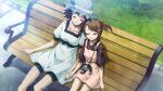  2girls aqua_eyes belt_around_waist belt_buckle bench black_bow black_hair black_trim blouse blue_dress blue_eyes blue_hat bob_cut bow brown_hair buckle chest_bow child closed_eyes collar collarbone day dress eyelashes frilled_collar frilled_hat frills from_above game_cg hair_tie hat head_on_head head_rest highres holding_hands huke leaning_on_person medium_hair multiple_girls official_art on_bench open_mouth outdoors park park_bench pinafore_dress pink_dress pink_frills puffy_short_sleeves puffy_sleeves purple_shirt shiina_mayuri shiny_lips shirt short_sleeves short_twintails shorts shorts_under_dress shorts_under_skirt sidelocks sitting sleeveless sleeveless_dress steins;gate steins;gate:_linear_bounded_phenogram stuffed_toy tareme tennouji_nae tongue twintails x_x 