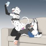 anthro anus black_body black_fur black_nose bottomless breasts butt canid canine canis cellphone clothed clothing dalmatian dildo dildo_in_pussy dildo_insertion domestic_dog double_dildo duo electronics fangs female female/female fur genitals hana_(jishinu) hi_res husky jishinu legwear mammal markings nipples nordic_sled_dog open_mouth open_smile penetration phone pussy sex sex_toy sex_toy_in_pussy sex_toy_insertion smartphone smile spitz spots spotted_body spotted_fur stockings tail taking_picture taking_selfie teeth tongue tongue_out vaginal vaginal_penetration white_body white_fur