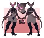 anthro arm_warmers armwear big_butt boots bottom_heavy bulge butt clothing domestic_cat elking english_text eyewear facial_piercing fangs felid feline felis femboy footwear glasses gold_ring grey_body grey_skin hairless hairless_cat half-closed_eyes harness hi_res high_heeled_boots high_heels huge_butt legwear male mammal model_sheet narrowed_eyes nipple_tape nonbinary_(lore) nose_piercing nose_ring open_mouth open_smile oswald_(ozthegoblin) pasties pear-shaped_figure piercing ring_piercing shoes smile solo sphynx_(cat) tape teeth text thick_thighs thigh_boots thigh_highs thong tinted_glasses underwear wide_hips