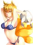  amua animal_ears armpits arms_up bad_id bad_pixiv_id bikini blonde_hair blue_bikini breasts cleavage fox_ears fox_tail hat hat_removed headwear_removed highres large_breasts looking_at_viewer navel short_hair side-tie_bikini simple_background smile solo swimsuit tail touhou white_background yakumo_ran yellow_eyes 