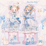  2girls :3 animal_on_head back_bow ballet_slippers bird bird_on_head bird_wings blonde_hair blue_background blue_bow blue_bowtie blue_dress blue_eyes blue_flower blue_ribbon blue_rose blue_shoes blush_stickers bow bow_button bow_legwear bowtie braid center_frills chair chinese_commentary classic_lolita closed_mouth cloud collarbone commentary_request crescent curtains double_bun dress earrings english_text fashion feathered_wings feathers flower flower_earrings footwear_bow frilled_dress frills frown full_body hair_bow hair_bun hair_flower hair_ornament hair_over_shoulder hands_on_headwear hat hat_bow hat_flower heart heart_hair_ornament high_heels highres holding holding_stuffed_toy jewelry layered_dress leg_ribbon lolita_fashion long_hair long_sleeves looking_at_viewer medium_dress multiple_girls musical_note nail_polish on_head original pantyhose pink_flower pink_rose puffy_long_sleeves puffy_sleeves pumps putong_xiao_gou red_lips red_nails ribbon rose shadow shoes single_braid sitting smile stage standing star_(symbol) stuffed_animal stuffed_rabbit stuffed_toy sun_hat swan swan_lake swan_print teddy_bear wavy_hair white_bow white_dress white_hat white_pantyhose white_wings winged_heart wings yellow_bow yellow_bowtie 