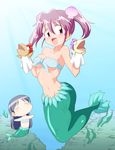  :d asou_natsumi bad_id bad_pixiv_id bandeau breasts chibi crossover front-tie_top hand_puppet hii-chan ichigaso_(muhyou_joudai) kajiwara_sora large_breasts mermaid midriff monster_girl multiple_girls namiuchigiwa_no_muromi-san open_mouth pink_eyes pink_hair puppet scales seashell shell sketchbook_full_colors skindentation smile twintails 